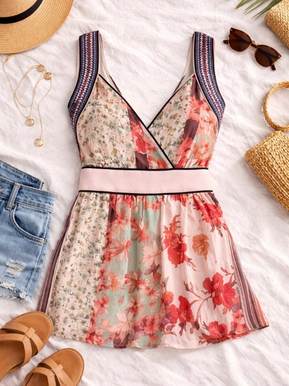 Boho Colorblock Floral Striped Tank Top V Neck Plunge Sleeveless